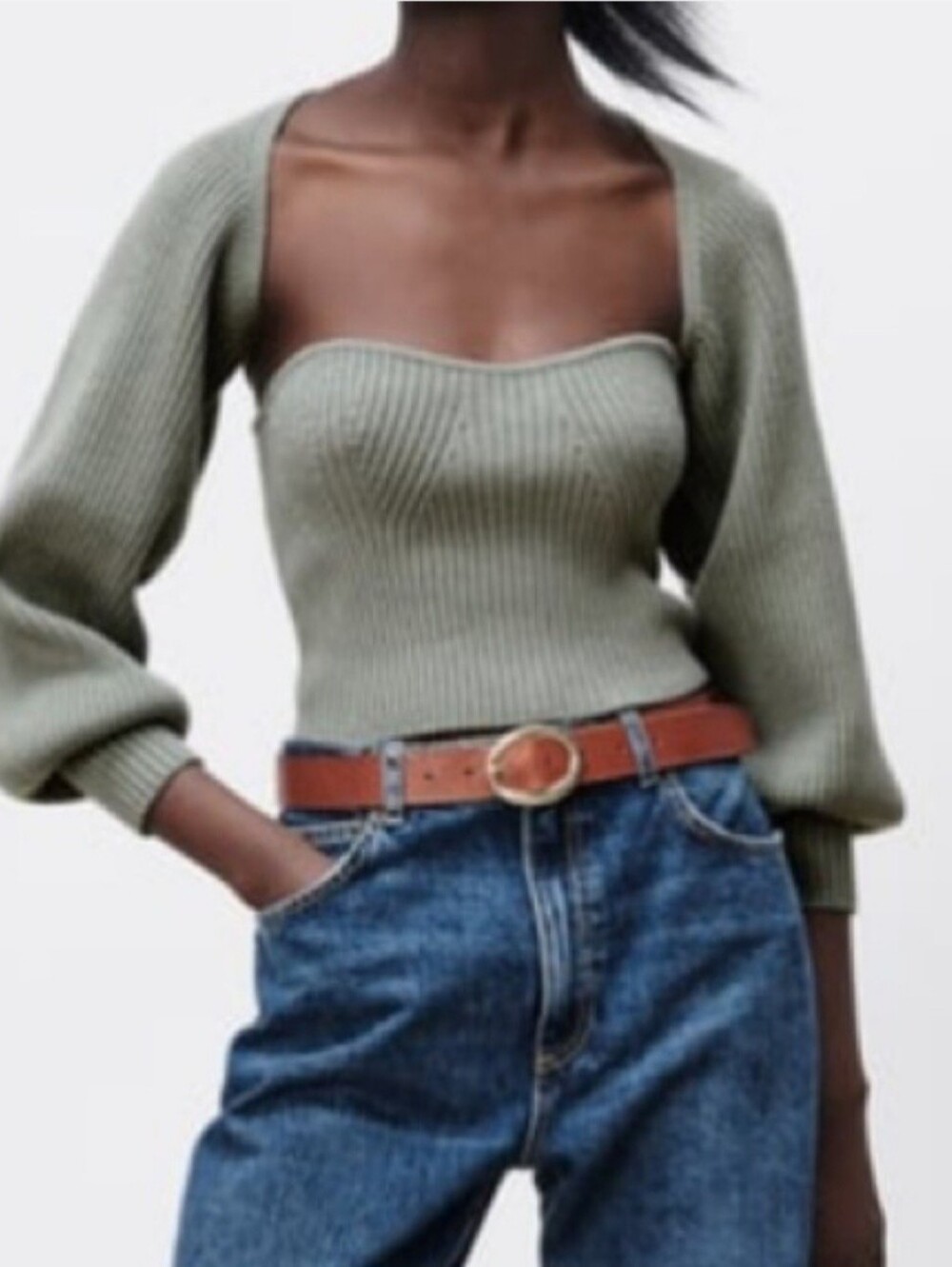 Zara Sage Green Ribbed Knit Crop Top with Bolero S/M